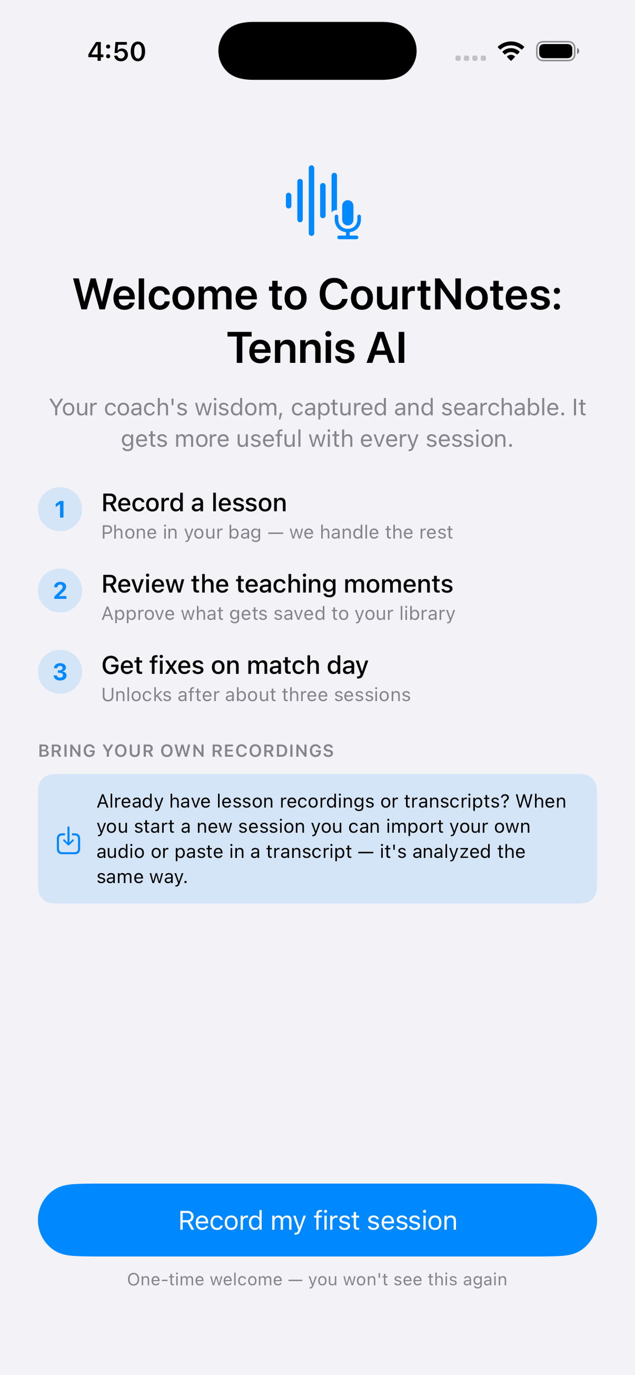 CourtNotes welcome screen